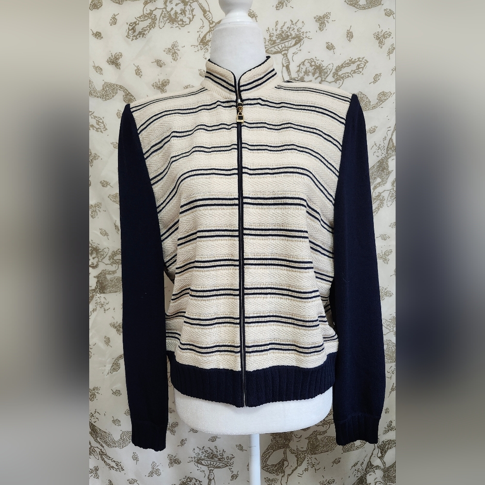 St John's Old Money striped cream gold and navy zip up jacket Sz 8